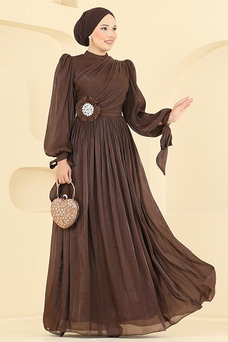 moda selvim فستان سهرة بني 01244MHR1107 - Thumbnail