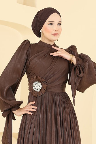 moda selvim فستان سهرة بني 01244MHR1107 - Thumbnail