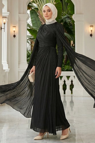 moda selvim فستان سهرة أسود 01247MHR1107 - Thumbnail