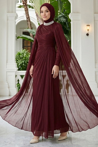 moda selvim Evening Dress 01247MHR1107 Burgundy - Thumbnail