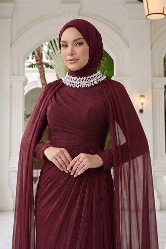 moda selvim Evening Dress 01247MHR1107 Burgundy - Thumbnail
