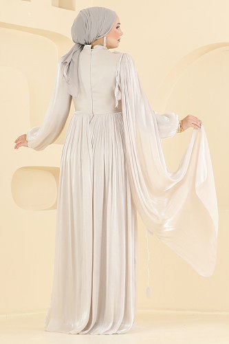 moda selvim فستان سهرة كريمي 01256MHR1107 - Thumbnail