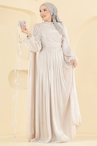 moda selvim فستان سهرة كريمي 01256MHR1107 - Thumbnail