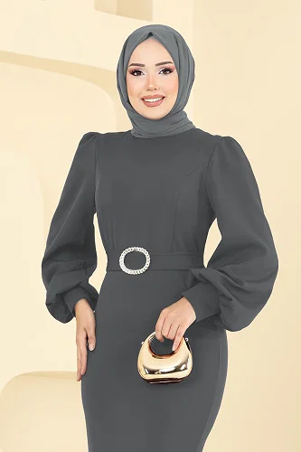 moda selvim فستان سهرة رمادي غامق 0402ALG474 - Thumbnail