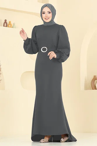 moda selvim فستان سهرة رمادي غامق 0402ALG474 - Thumbnail