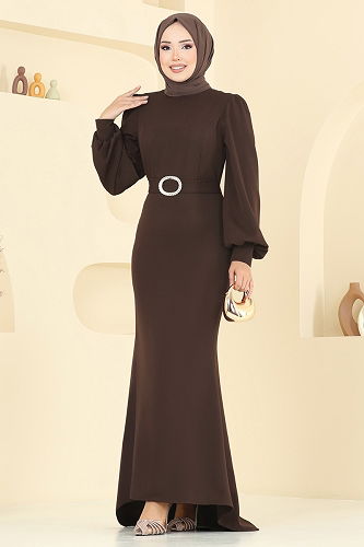 moda selvim Evening Dress 0402ALG474 Bitter Brown - Thumbnail