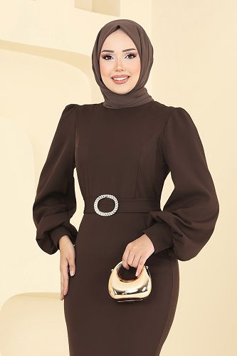 moda selvim فستان سهرة بني غامق 0402ALG474 - Thumbnail