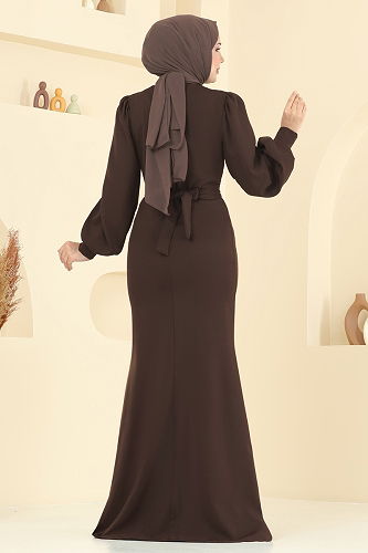 moda selvim فستان سهرة بني غامق 0402ALG474 - Thumbnail