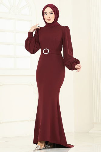 moda selvim Evening Dress 0402ALG474 Burgundy - Thumbnail