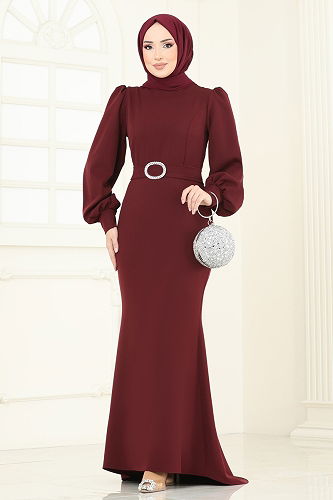 moda selvim فستان سهرة خمري 0402ALG474 - Thumbnail