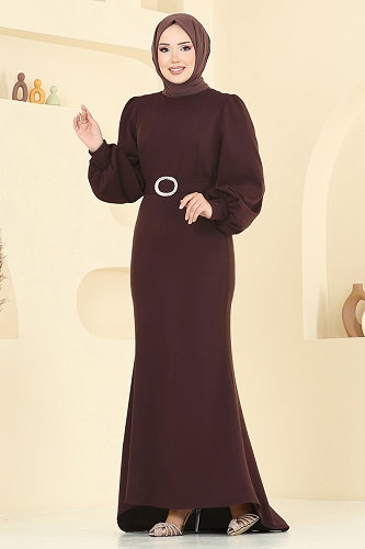 moda selvim Evening Dress 0402ALG474 Damson - Thumbnail