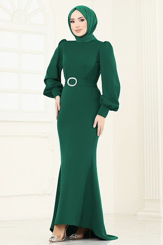 moda selvim Evening Dress 0402ALG474 Emerald - Thumbnail