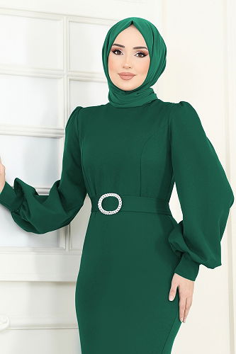 moda selvim Evening Dress 0402ALG474 Emerald - Thumbnail