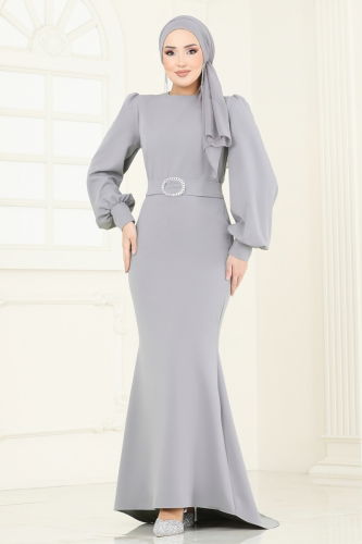 moda selvim Evening Dress 0402ALG474 Gray - Thumbnail