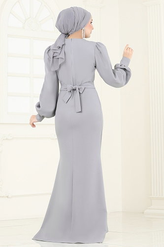 moda selvim فستان سهرة رمادي 0402ALG474 - Thumbnail