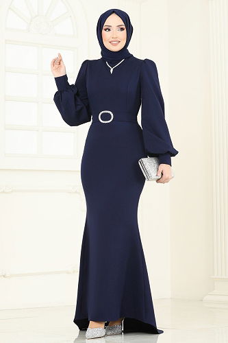 moda selvim Evening Dress 0402ALG474 Navy Blue - Thumbnail