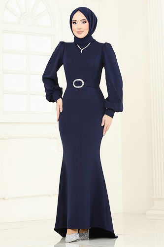 moda selvim Evening Dress 0402ALG474 Navy Blue - Thumbnail
