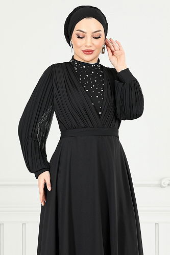 moda selvim Evening Dress 0404ALG1079-M Black - Thumbnail