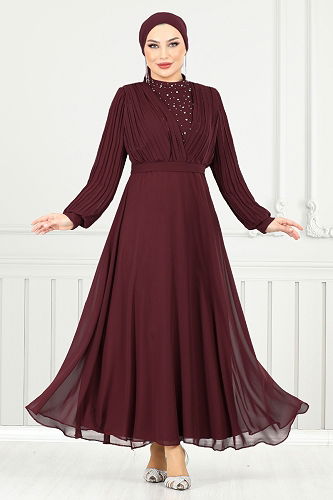 moda selvim Evening Dress 0404ALG1079-M Burgundy - Thumbnail