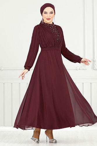 moda selvim Evening Dress 0404ALG1079-M Burgundy - Thumbnail