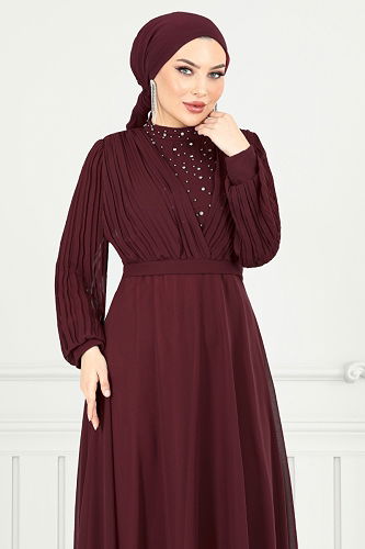 moda selvim Evening Dress 0404ALG1079-M Burgundy - Thumbnail