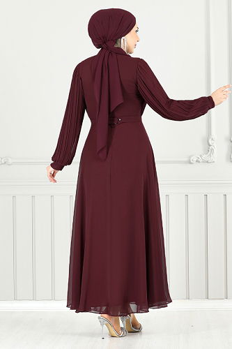moda selvim Evening Dress 0404ALG1079-M Burgundy - Thumbnail