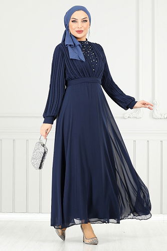 moda selvim Evening Dress 0404ALG1079-M Dark Navy Blue - Thumbnail