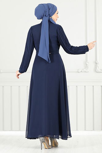 moda selvim Evening Dress 0404ALG1079-M Dark Navy Blue - Thumbnail