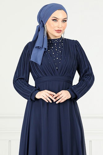 moda selvim فستان سهرة كحلي غامق 0404ALG1079-M - Thumbnail