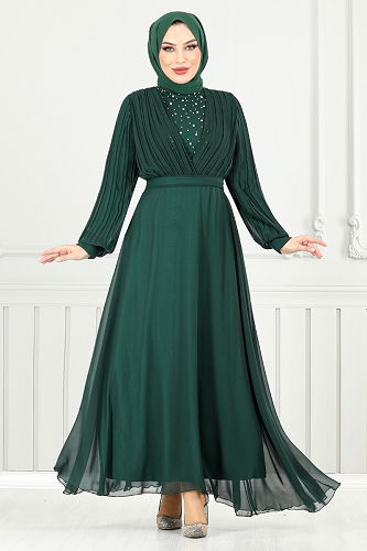 moda selvim فستان سهرة زيتي 0404ALG1079-M - Thumbnail