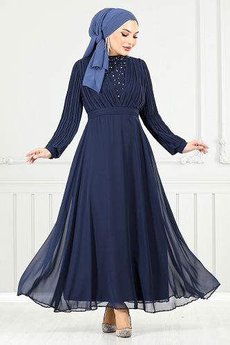 moda selvim Evening Dress 0404ALG1079-M Navy Blue - Thumbnail