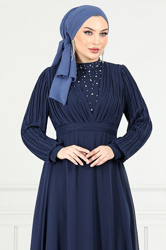 moda selvim Evening Dress 0404ALG1079-M Navy Blue - Thumbnail