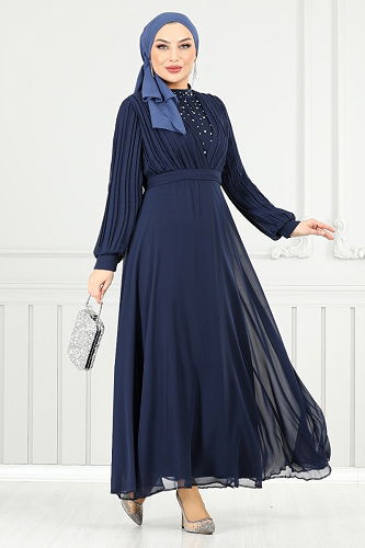 moda selvim فستان سهرة كحلي 0404ALG1079-M - Thumbnail