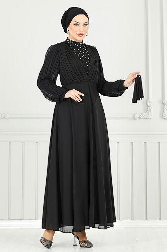 moda selvim فستان سهرة أسود 0404ALG474 - Thumbnail