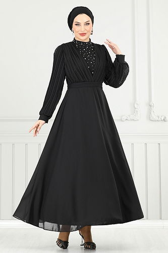 moda selvim فستان سهرة أسود 0404ALG474 - Thumbnail