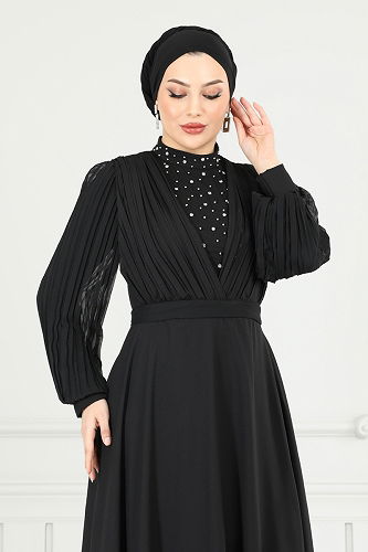 moda selvim فستان سهرة أسود 0404ALG474 - Thumbnail