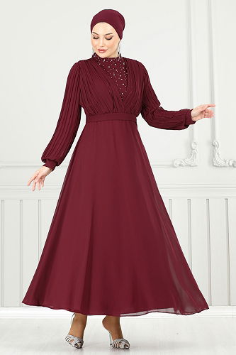 moda selvim Evening Dress 0404ALG474 Burgundy - Thumbnail