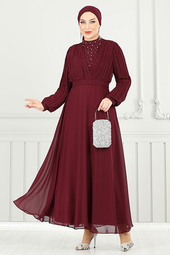 moda selvim فستان سهرة خمري 0404ALG474 - Thumbnail