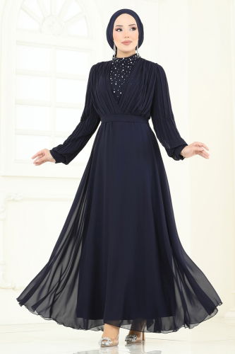 moda selvim Evening Dress 0404ALG474 Dark Navy Blue - Thumbnail
