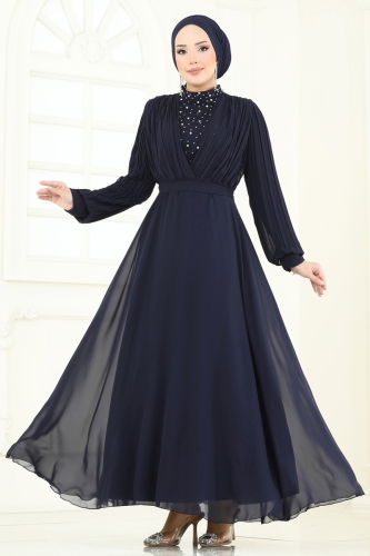 moda selvim Evening Dress 0404ALG474 Dark Navy Blue - Thumbnail