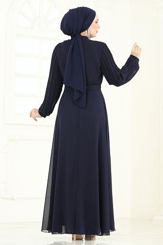 moda selvim Evening Dress 0404ALG474 Dark Navy Blue - Thumbnail