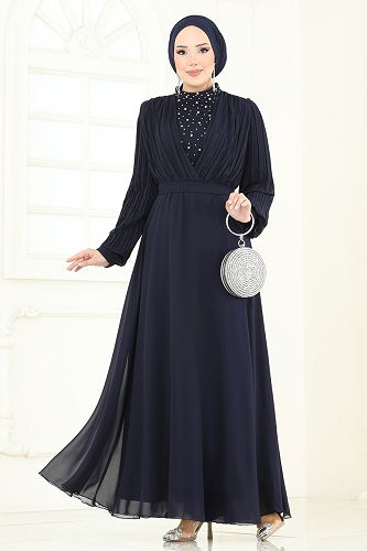 moda selvim فستان سهرة كحلي غامق 0404ALG474 - Thumbnail