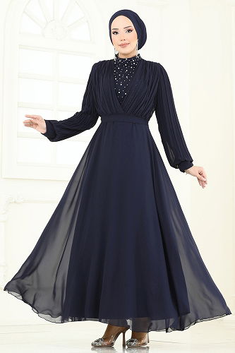 moda selvim فستان سهرة كحلي غامق 0404ALG474 - Thumbnail