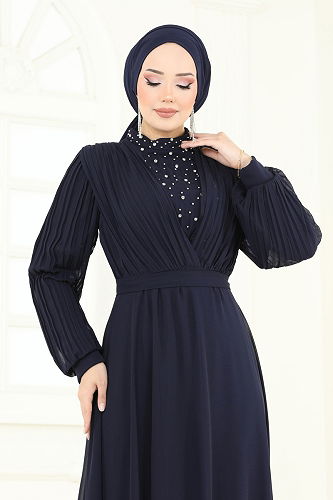 moda selvim فستان سهرة كحلي غامق 0404ALG474 - Thumbnail