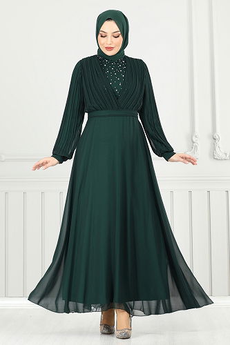 moda selvim Evening Dress 0404ALG474 Emerald - Thumbnail