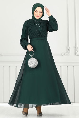 moda selvim فستان سهرة زيتي 0404ALG474 - Thumbnail