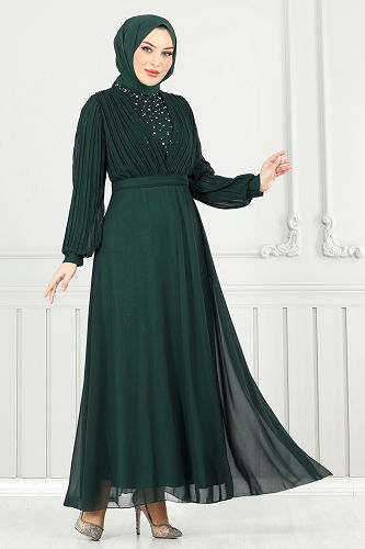 moda selvim فستان سهرة زيتي 0404ALG474 - Thumbnail