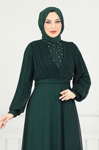 moda selvim فستان سهرة زيتي 0404ALG474 - Thumbnail