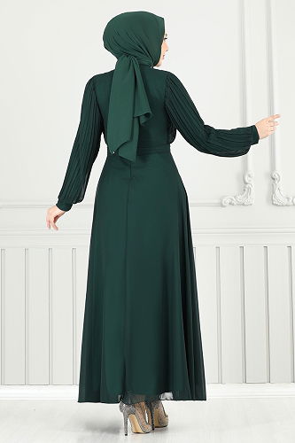 moda selvim فستان سهرة زيتي 0404ALG474 - Thumbnail