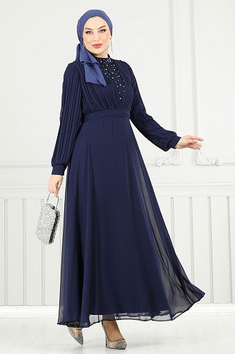 moda selvim Evening Dress 0404ALG474 Navy Blue - Thumbnail